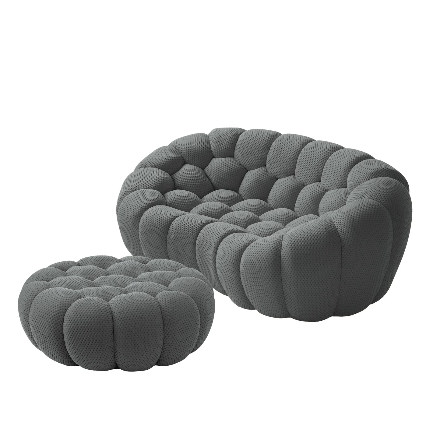 Sofás Essential Arc Boneless | Chaise longue seccional de dos piezas en tejido de punto 3D gris, con 1 otomana