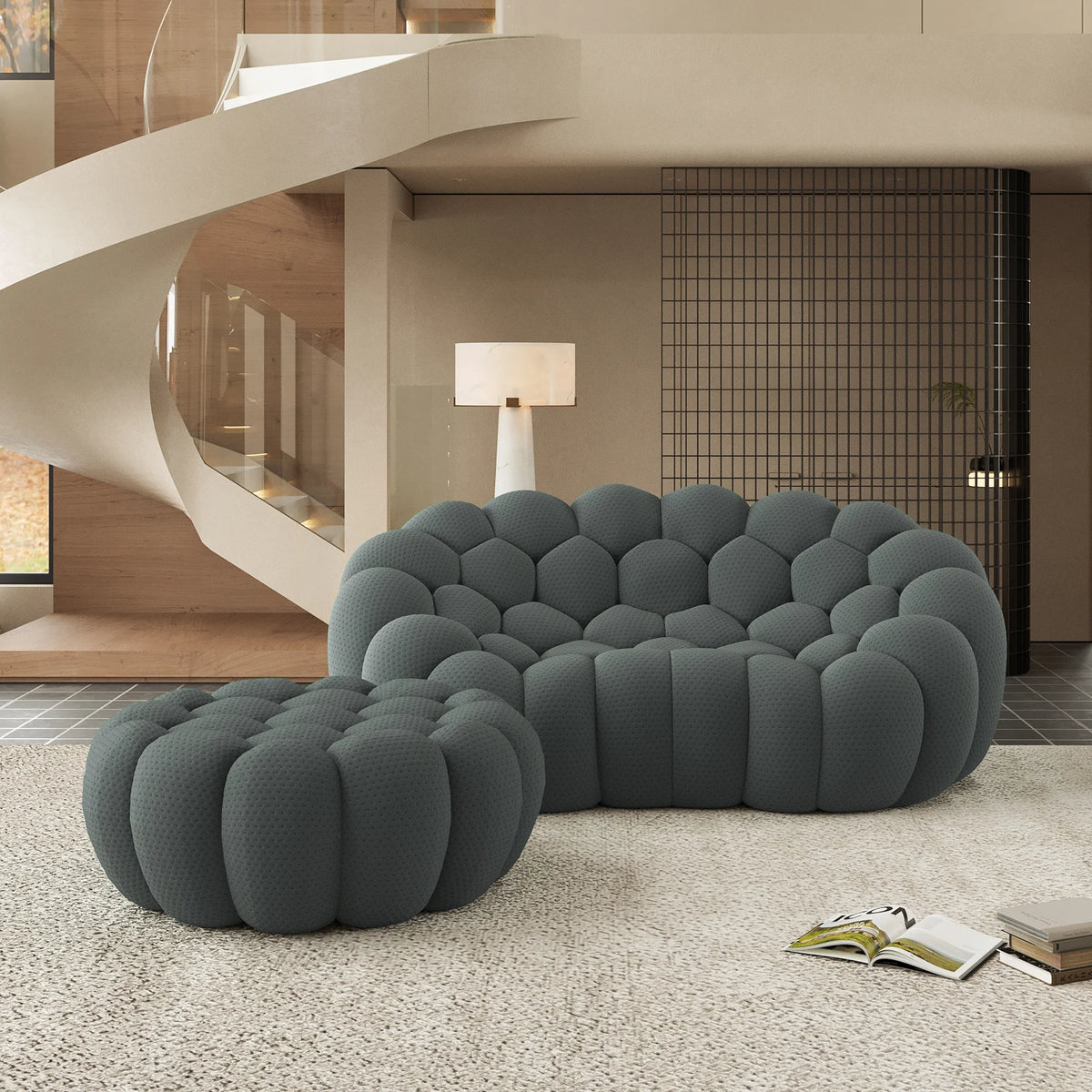 Essential 2-Seater grey 3D-Knitted Fabric Chaise Sectionals | 2-Piece (includes 1 Ottoman), 3D-Knitted Fabric, Compact Design