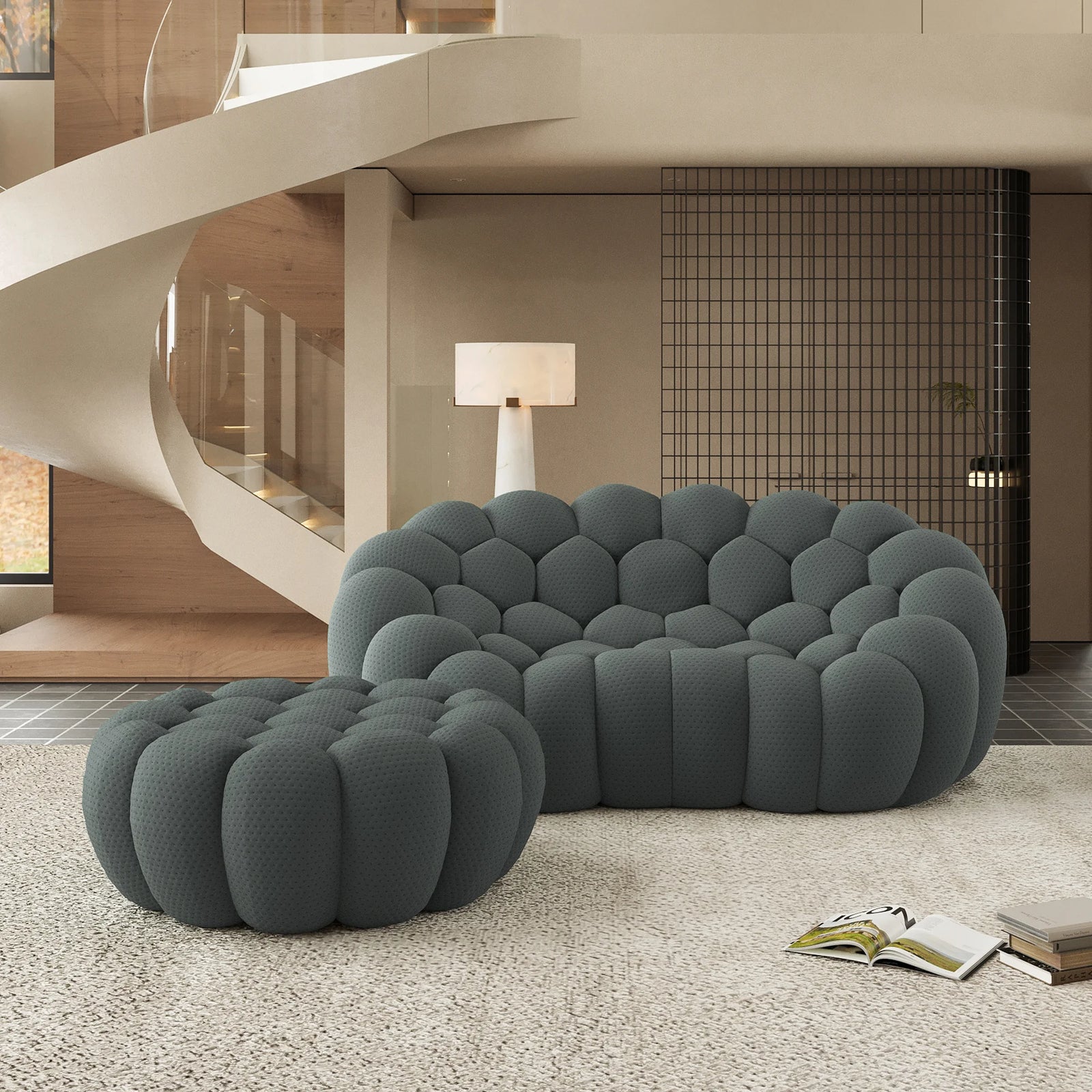 Essential 2-Seater grey 3D-Knitted Fabric Chaise Sectionals | 2-Piece (includes 1 Ottoman), 3D-Knitted Fabric, Compact Design
