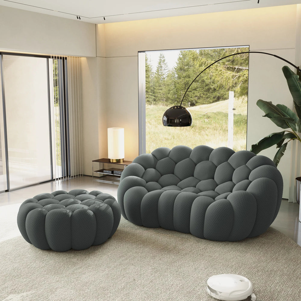 Sofás Essential Arc Boneless | Chaise longue seccional de dos piezas en tejido de punto 3D gris, con 1 otomana