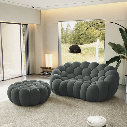 Sofás Essential Arc Boneless | Chaise longue seccional de dos piezas en tejido de punto 3D gris, con 1 otomana