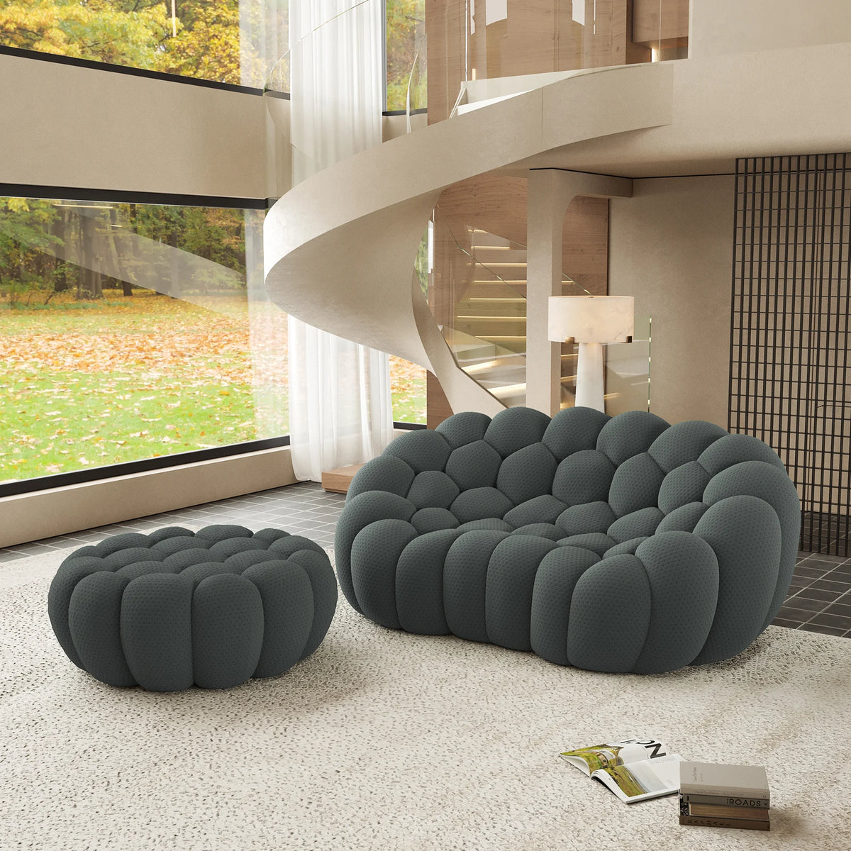 Essential 2-Seater grey 3D-Knitted Fabric Chaise Sectionals | 2-Piece (includes 1 Ottoman), 3D-Knitted Fabric, Compact Design