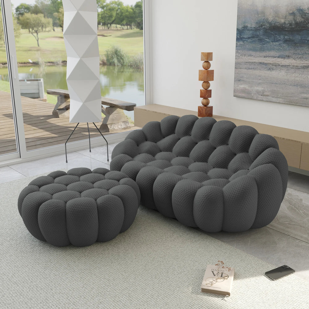 Essential Armless Floor Sofas | 2-Piece 3D Knitted Fabric Grey Chaise Sectionals 2-Seater With 1 Ottoman