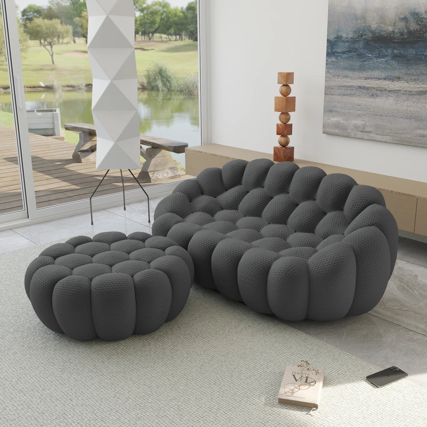 Essential Armless Floor Sofas | 2-Piece 3D Knitted Fabric Grey Chaise Sectionals 2-Seater With 1 Ottoman