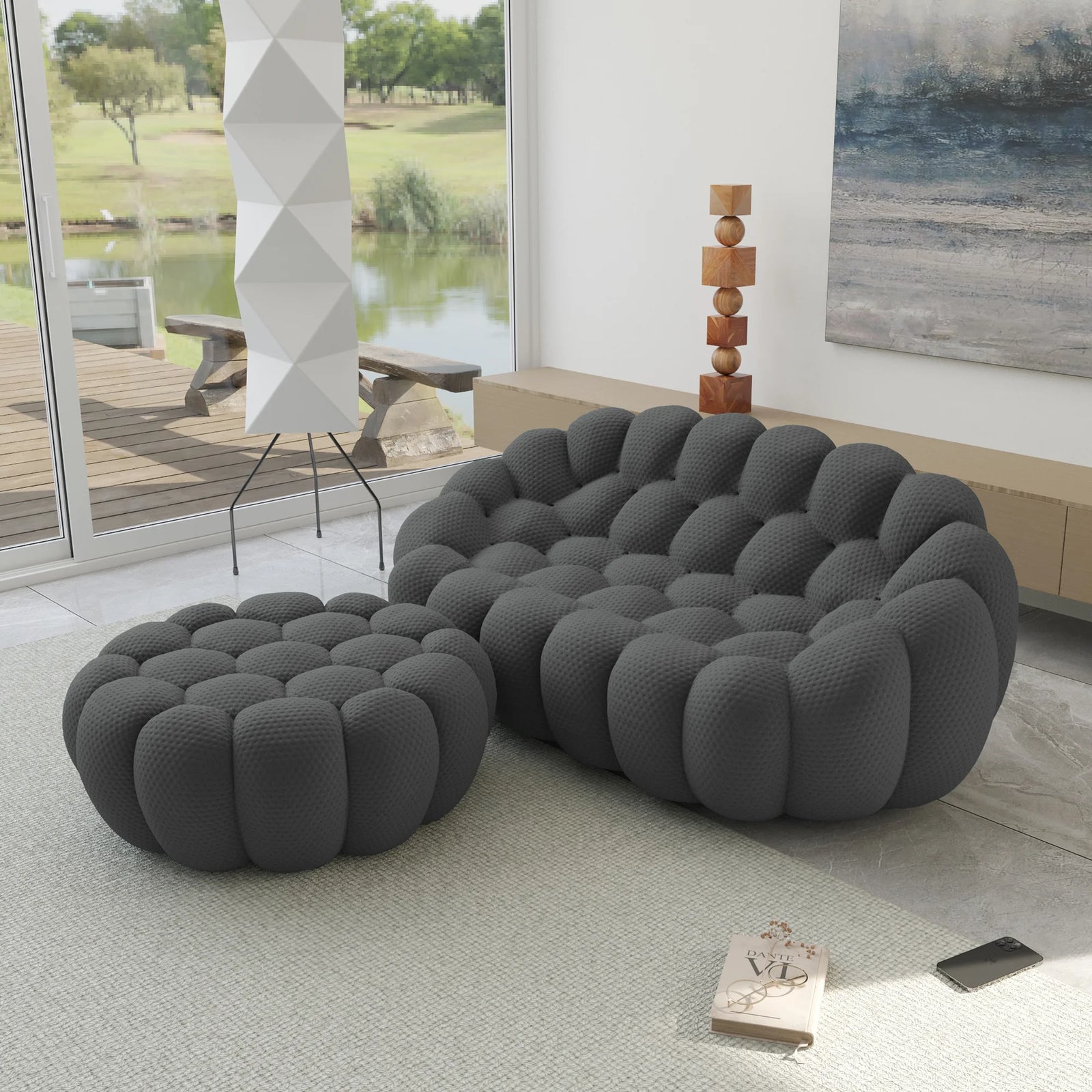 Seccionales Chaiselongue Esenciales de 2 plazas de Tela Tejida en 3D Gris | 2 Piezas (incluye 1 otomana), Tela Tejida en 3D, Diseño Compacto