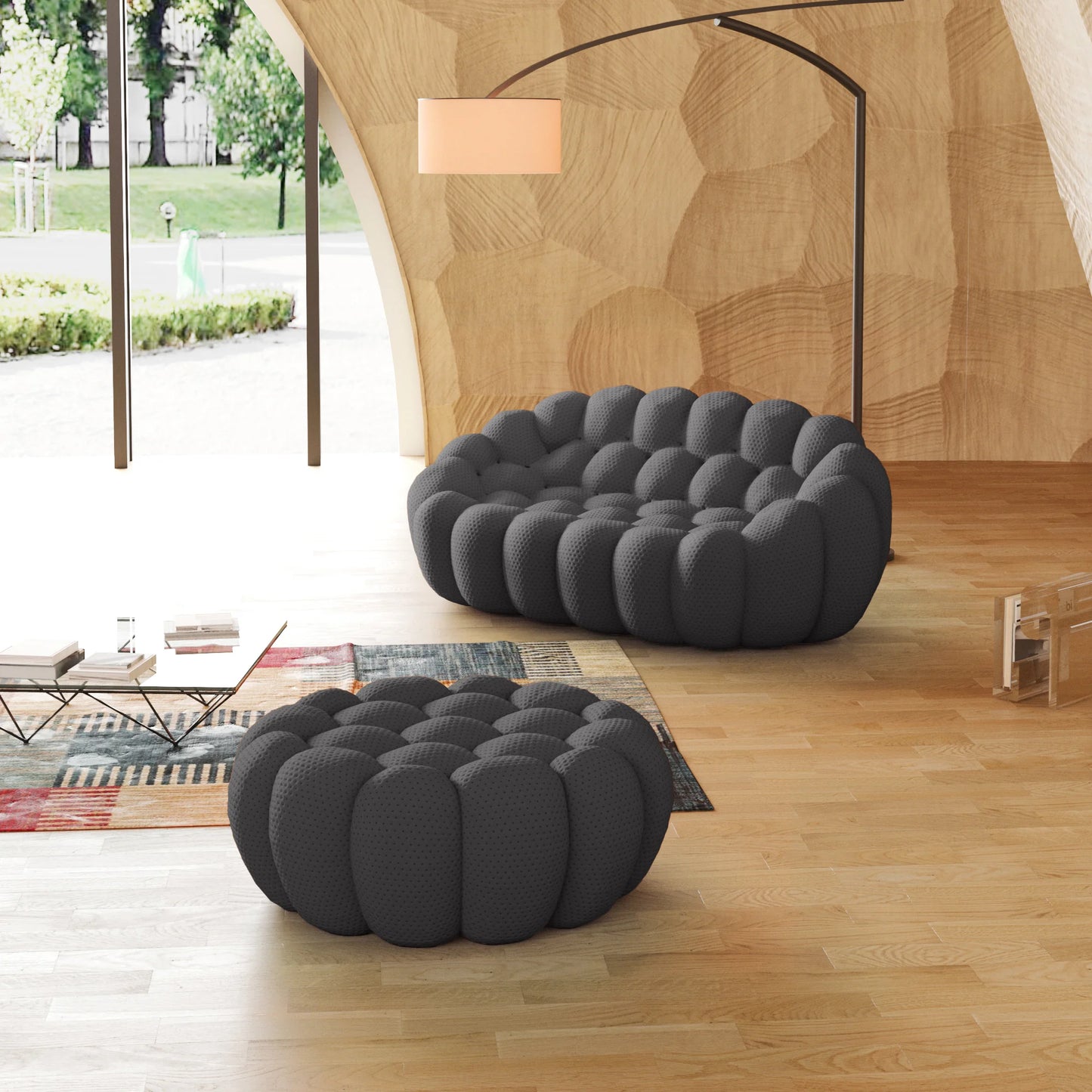 Essential Armless Floor Sofas | 2-Piece 3D Knitted Fabric Grey Chaise Sectionals 2-Seater With 1 Ottoman