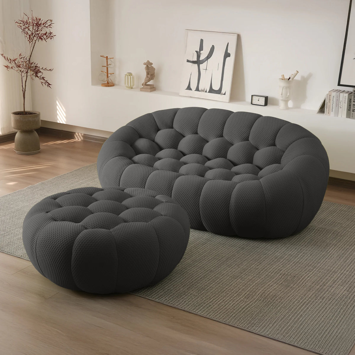 Seccionales Chaiselongue Esenciales de 2 plazas de Tela Tejida en 3D Gris | 2 Piezas (incluye 1 otomana), Tela Tejida en 3D, Diseño Compacto