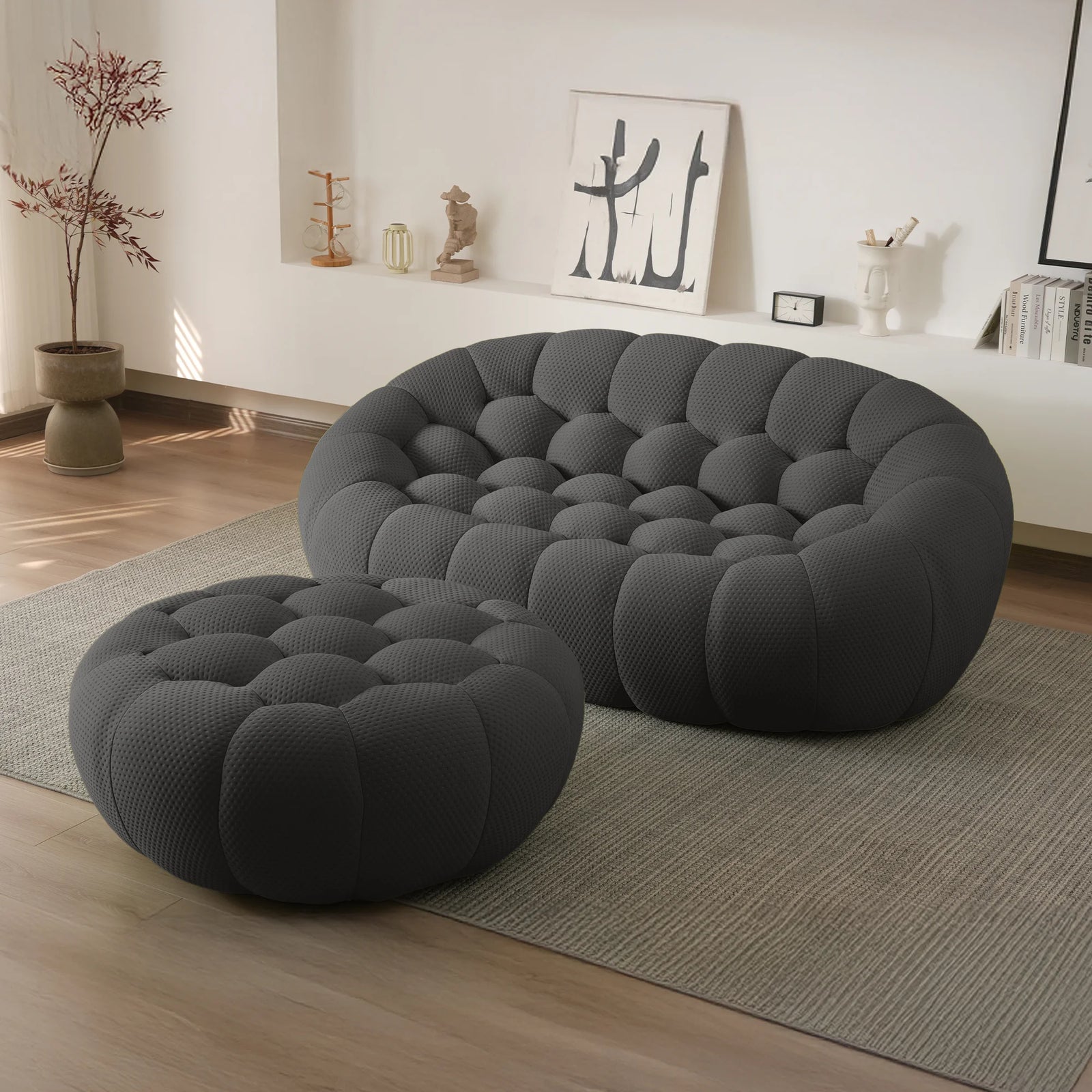 Seccionales Chaiselongue Esenciales de 2 plazas de Tela Tejida en 3D Gris | 2 Piezas (incluye 1 otomana), Tela Tejida en 3D, Diseño Compacto