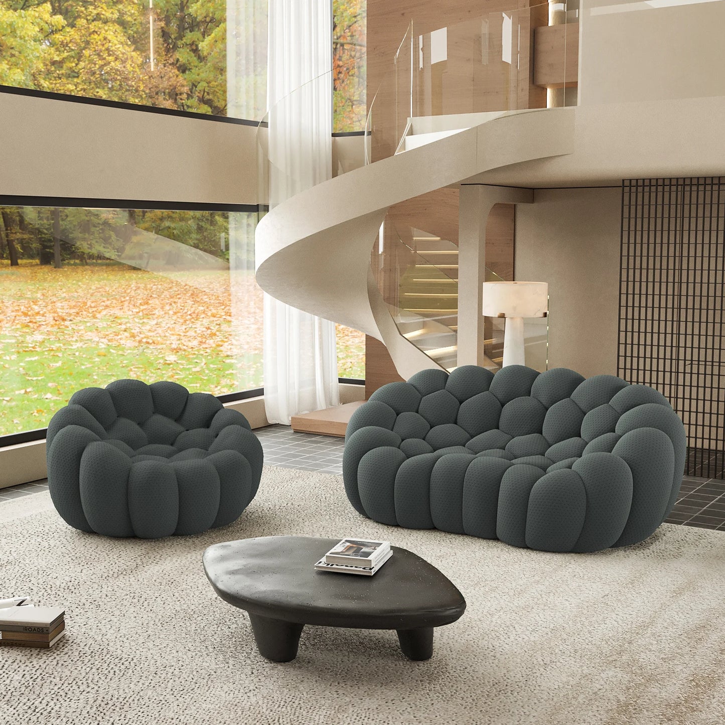 Sofás Essential Arc Boneless | Seccionales de 2 piezas en forma de L, de 3 plazas, de tejido de punto 3D, color gris