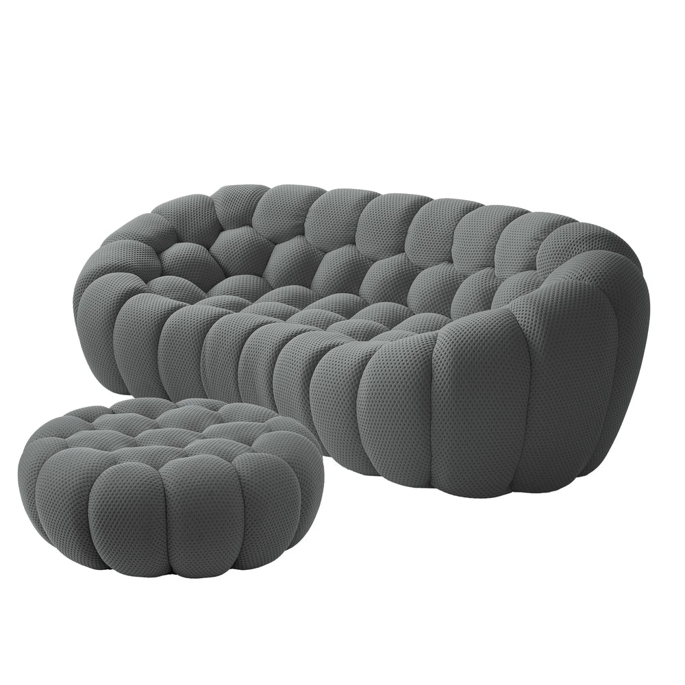 Sofás Essential Arc Boneless | Seccionales de 2 piezas en forma de L, de tejido de punto 3D, color gris, con 1 otomana