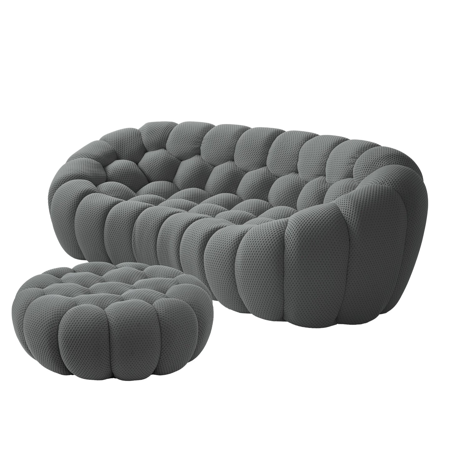 Sofás Essential Arc Boneless | Seccionales de 2 piezas en forma de L, de tejido de punto 3D, color gris, con 1 otomana