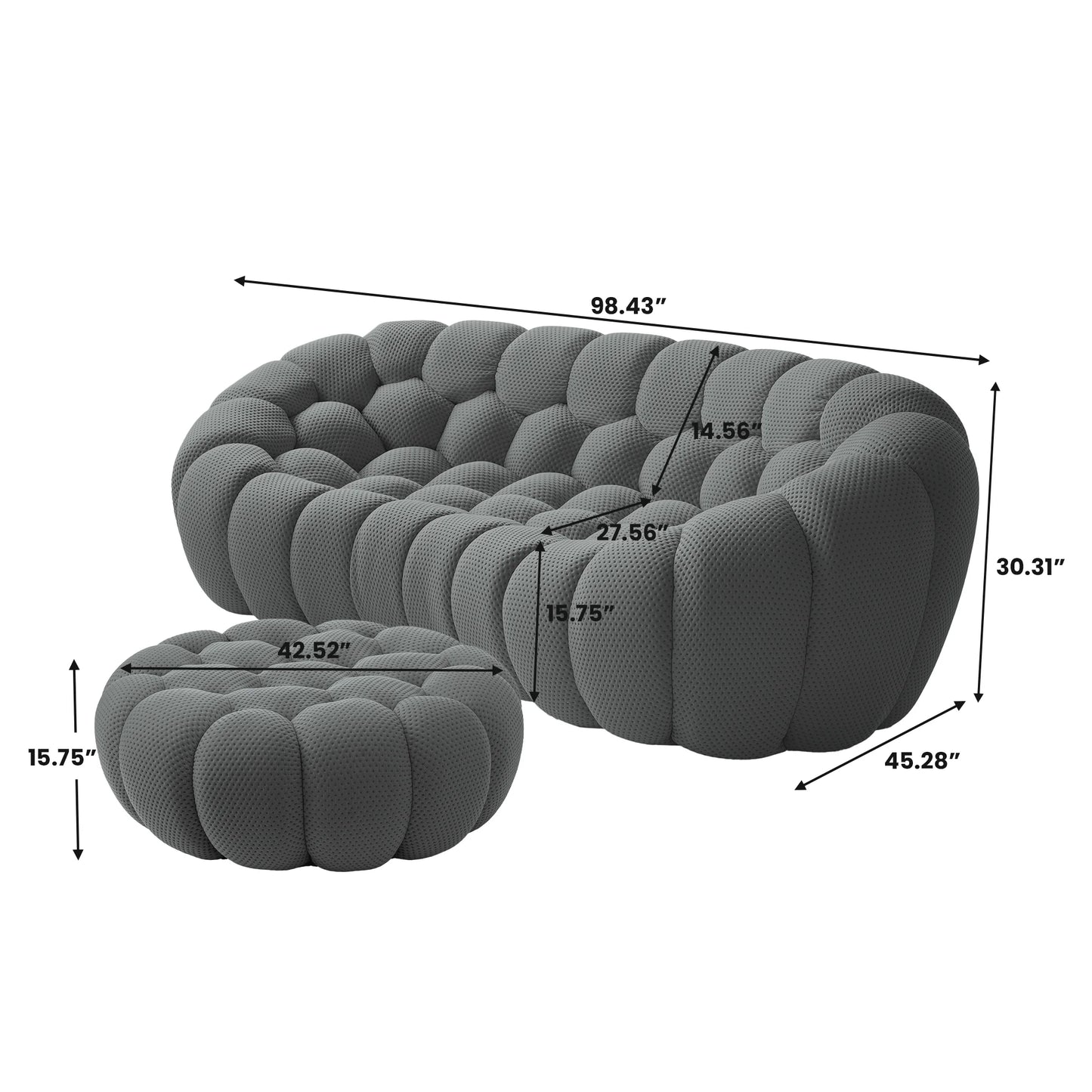Sofás Essential Arc Boneless | Seccionales de 2 piezas en forma de L, de tejido de punto 3D, color gris, con 1 otomana