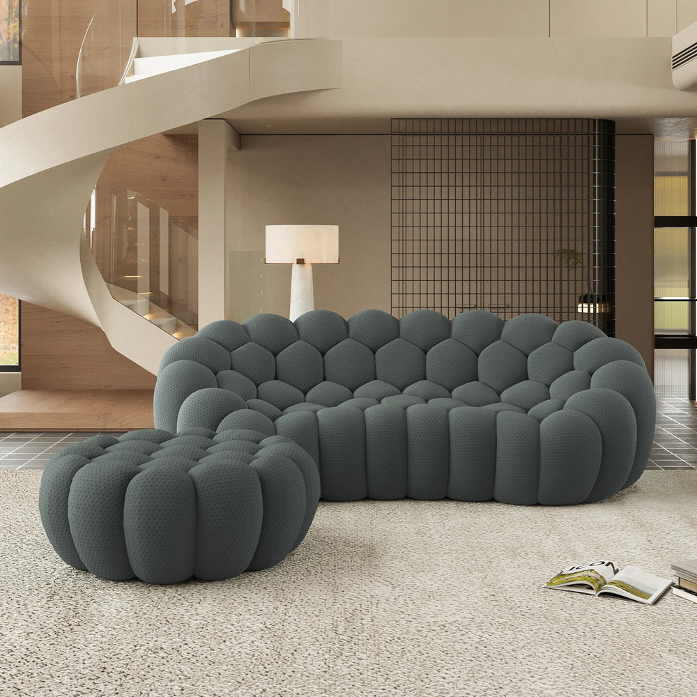 Sofás Essential Arc Boneless | Seccionales de 2 piezas en forma de L, de tejido de punto 3D, color gris, con 1 otomana