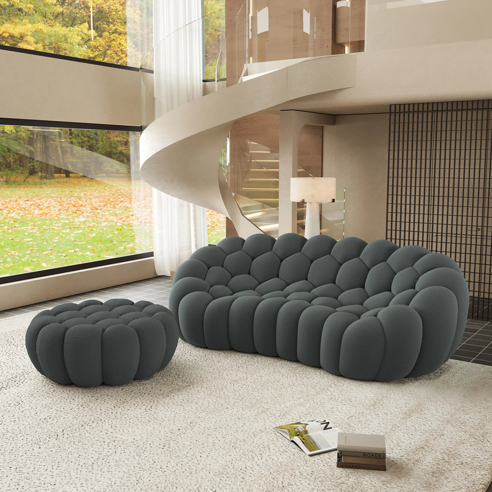 Sofás Essential Arc Boneless | Seccionales de 2 piezas en forma de L, de tejido de punto 3D, color gris, con 1 otomana