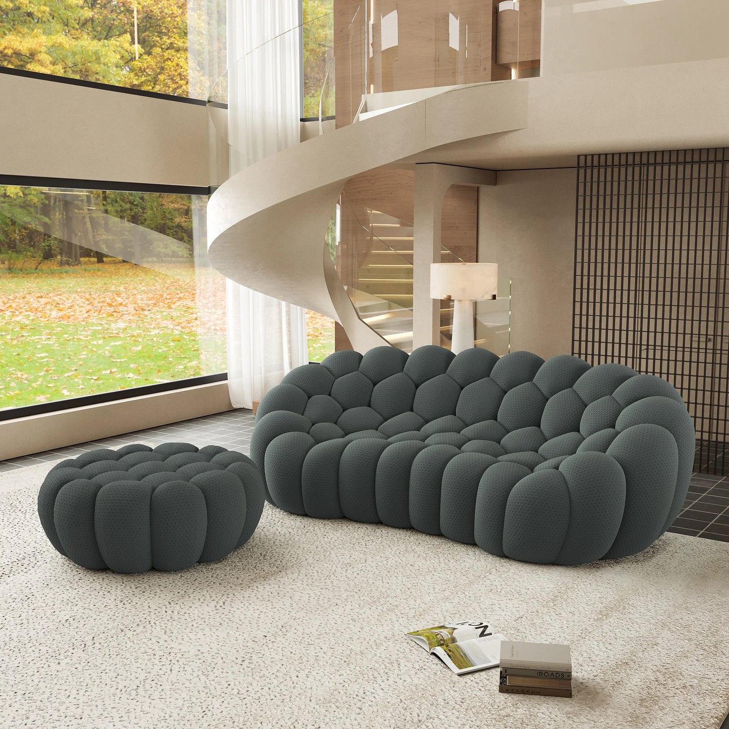 Sofás Essential Arc Boneless | Seccionales de 2 piezas en forma de L, de tejido de punto 3D, color gris, con 1 otomana