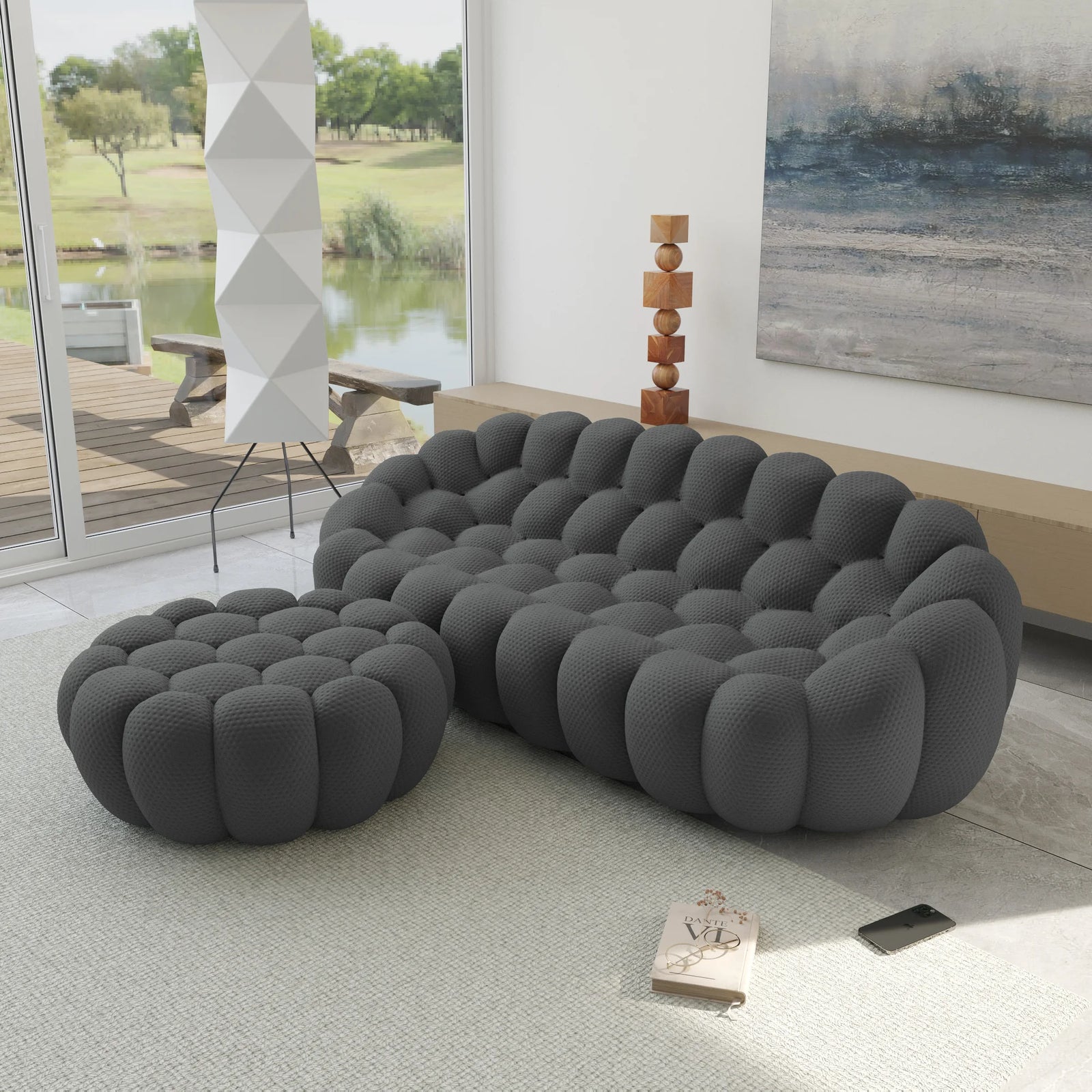 Essential 3-Seater grey 3D-Knitted Fabric L-Shaped Sectionals | 2-Piece (includes 1 Ottoman), 3D-Knitted Fabric, Apartment Friendly