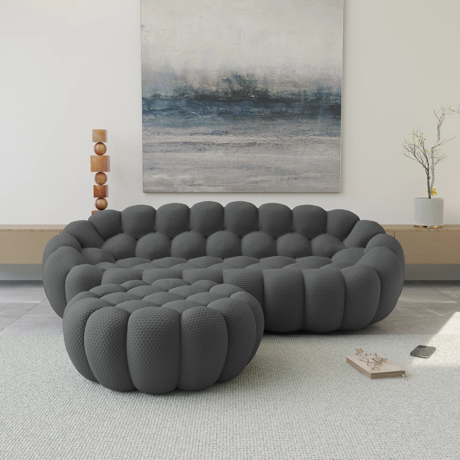 Essential 3-Seater grey 3D-Knitted Fabric L-Shaped Sectionals | 2-Piece (includes 1 Ottoman), 3D-Knitted Fabric, Apartment Friendly