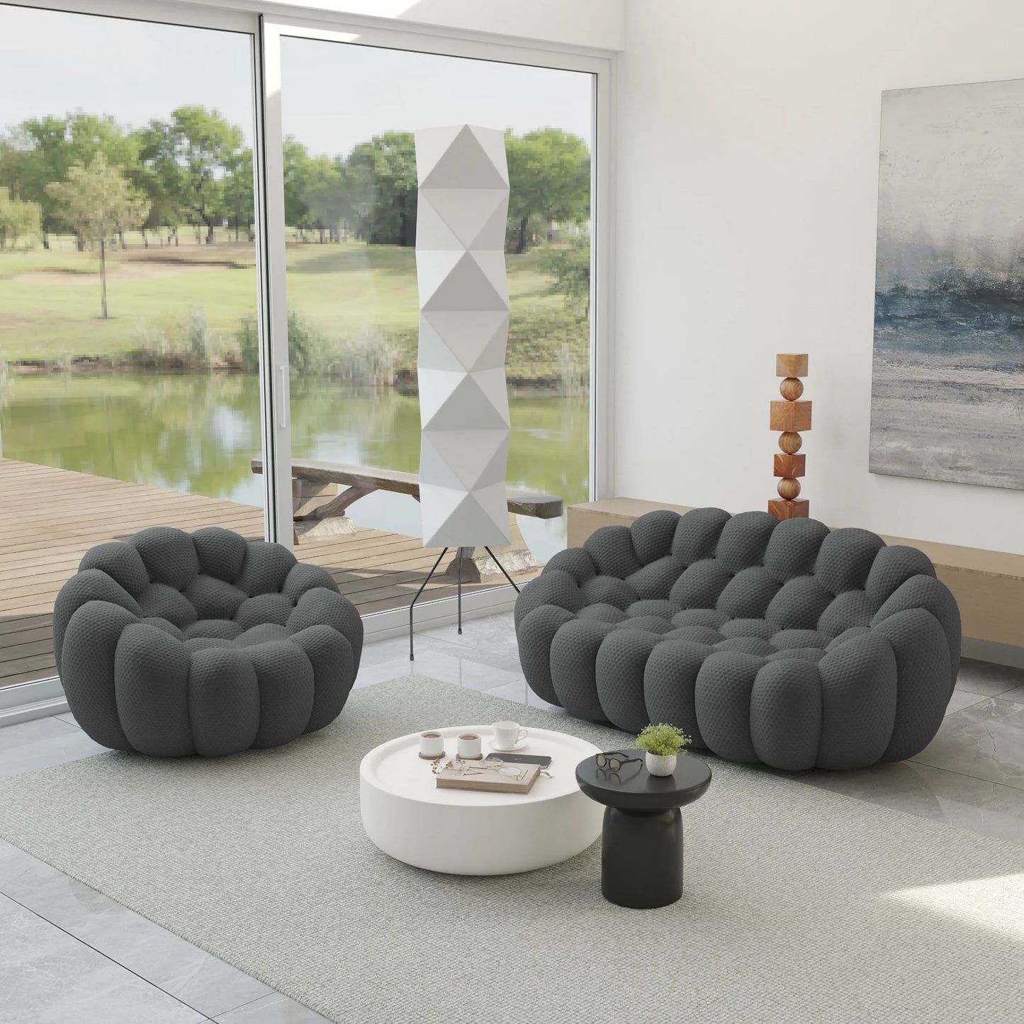 Essential Armless Floor Sofas | 2-Piece 3D Knitted Fabric Grey L-Shaped Sectionals 3-Seater