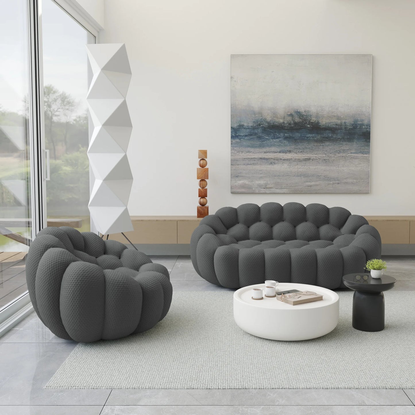 Essential Armless Floor Sofas | 2-Piece 3D Knitted Fabric Grey L-Shaped Sectionals 3-Seater