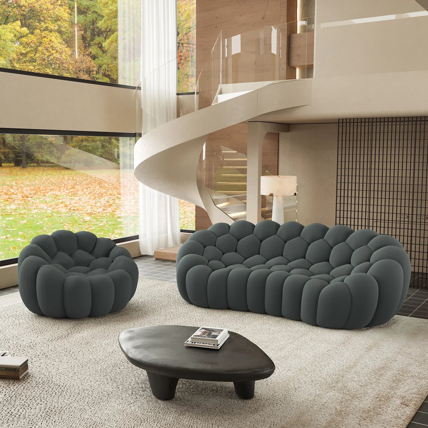 Sofás Essential Arc Boneless | Seccionales de 2 piezas en forma de L, 4 plazas, de tejido de punto 3D, color gris