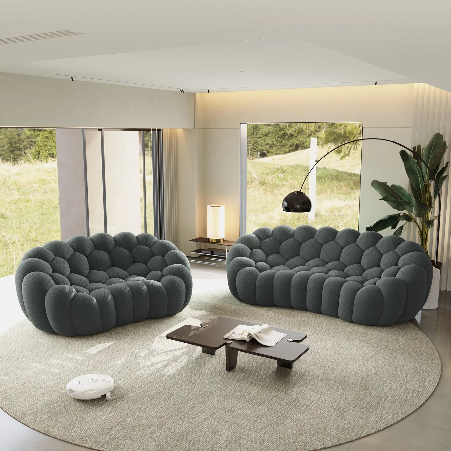 Sofás Essential Arc Boneless | Seccionales de 2 piezas en forma de L, 5 plazas, de tejido de punto 3D, color gris