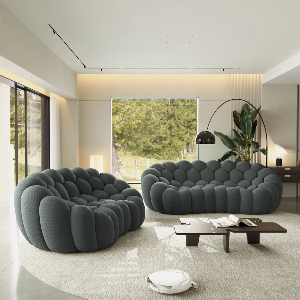 Sofás Essential Arc Boneless | Seccionales de 2 piezas en forma de L, 5 plazas, de tejido de punto 3D, color gris