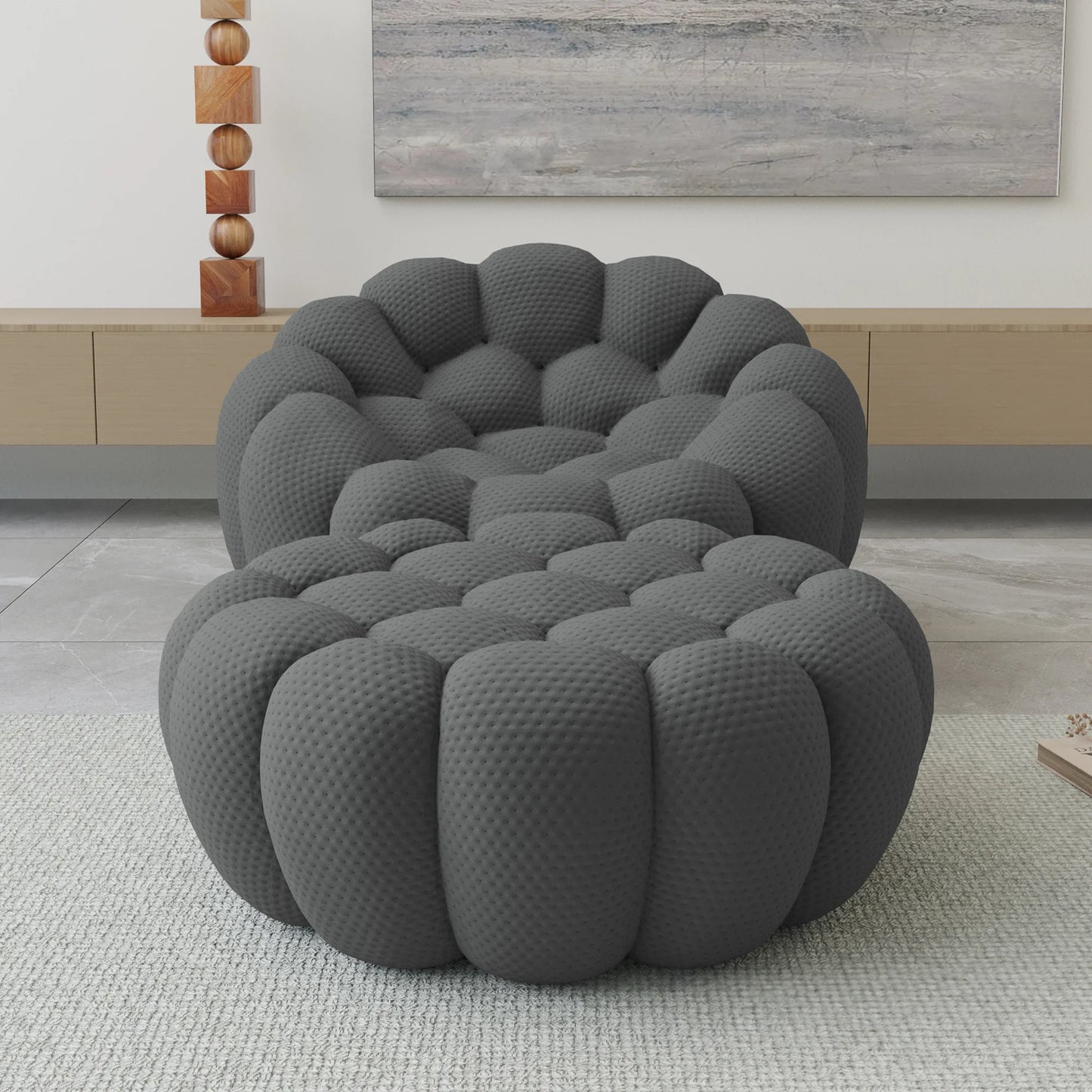 Essential Armless Floor Sofas | 2-Piece 3D Knitted Fabric Grey Sofa Sets 1-Seater With 1 Ottoman