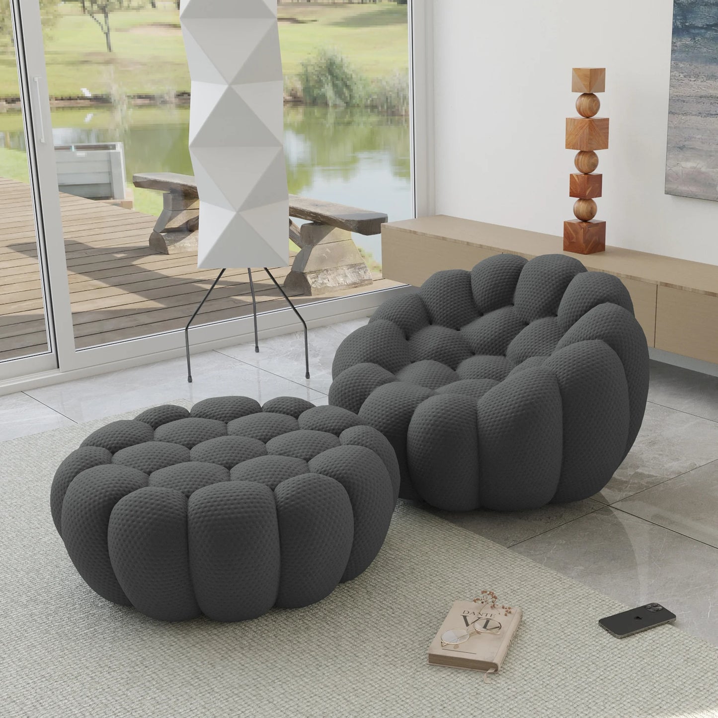 Essential Armless Floor Sofas | 2-Piece 3D Knitted Fabric Grey Sofa Sets 1-Seater With 1 Ottoman