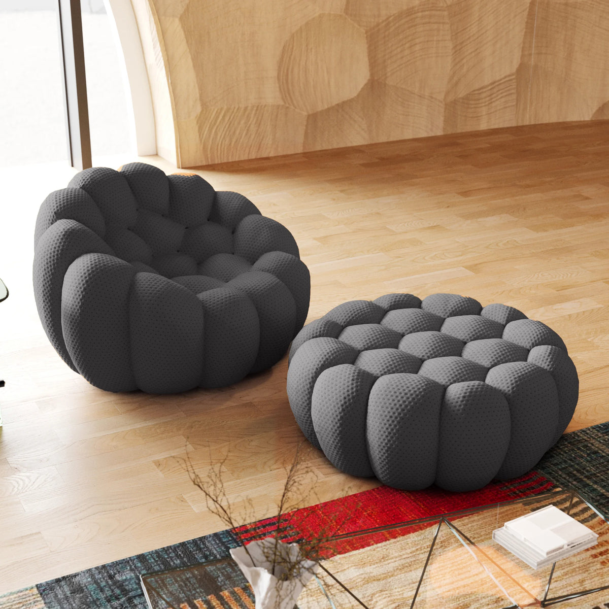 Sofá individual Essential de 1 plaza en tela tejida 3D gris | 2 piezas (incluye 1 otomana), tela tejida 3D, ideal para apartamentos