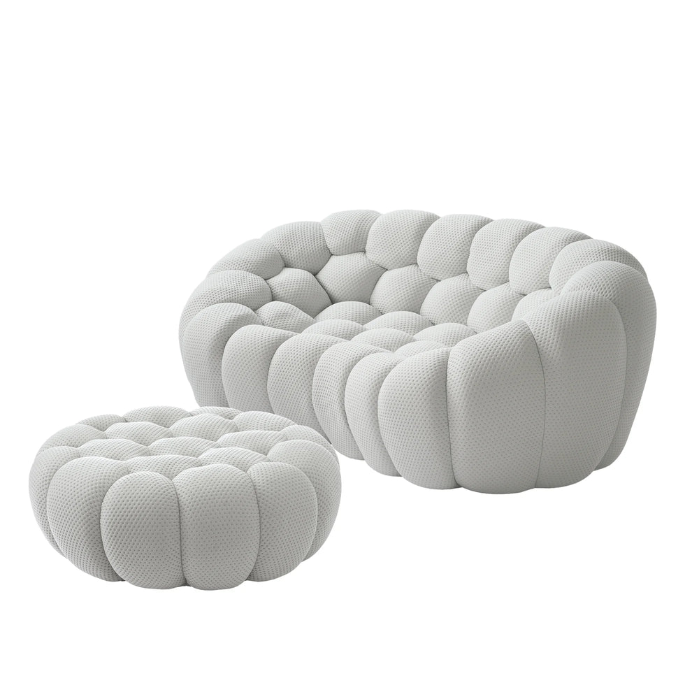 Sofás Essential Arc Boneless | Chaise longue seccional de dos piezas en tejido de punto 3D gris claro, con 1 otomana