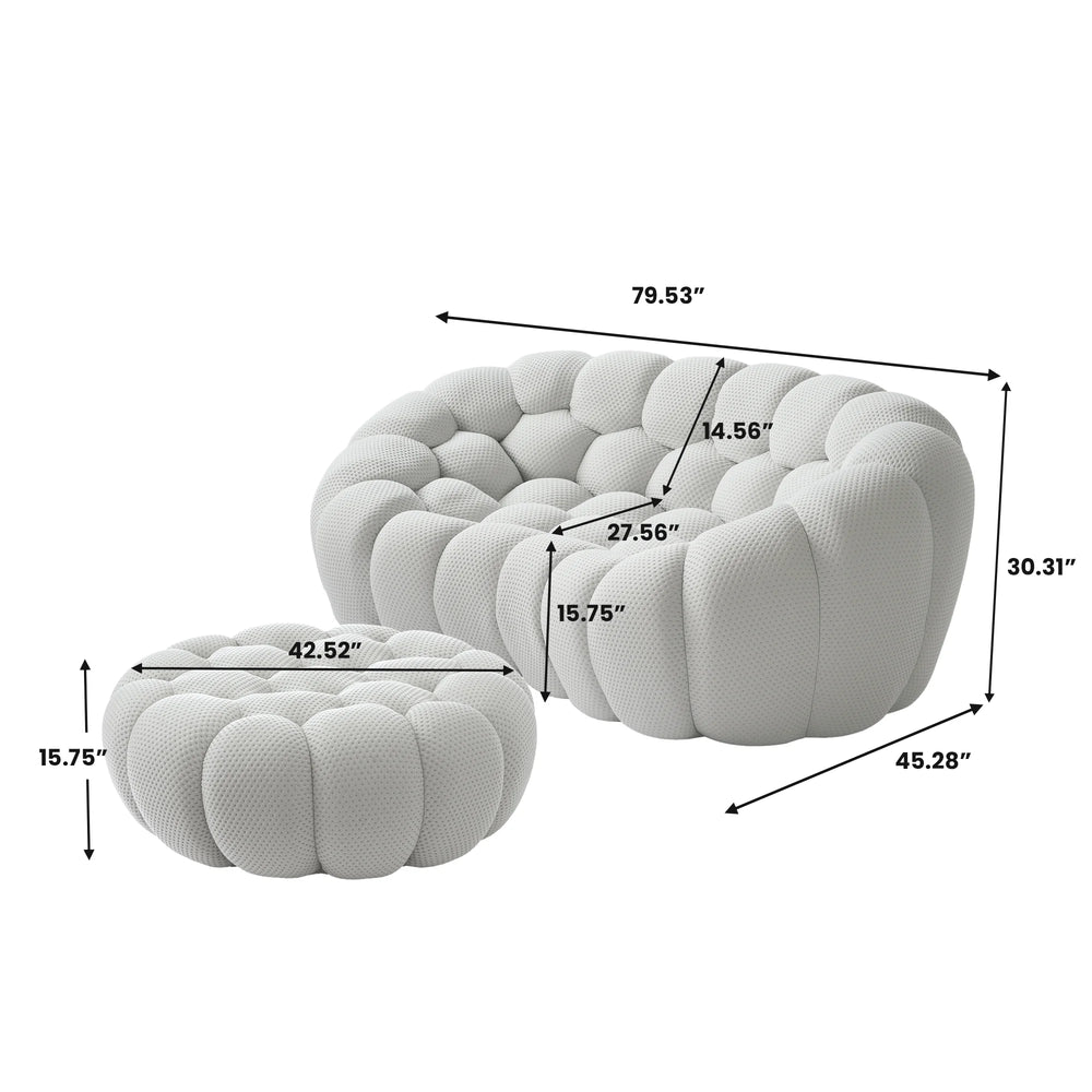 Sofás Essential Arc Boneless | Chaise longue seccional de dos piezas en tejido de punto 3D gris claro, con 1 otomana