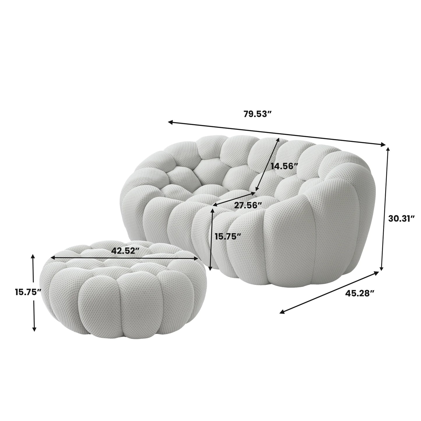 Sofás Essential Arc Boneless | Chaise longue seccional de dos piezas en tejido de punto 3D gris claro, con 1 otomana