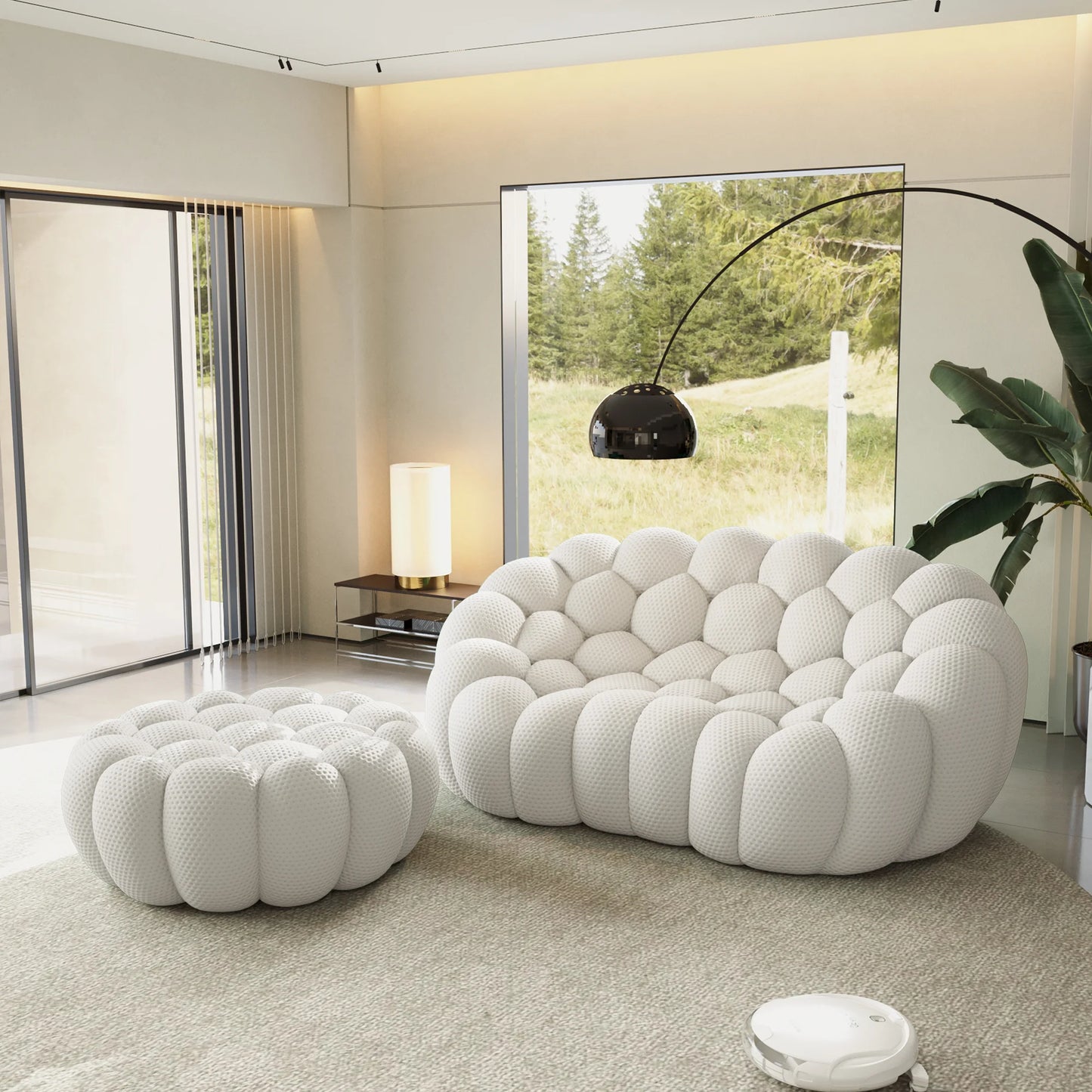 Sofás Essential Arc Boneless | Chaise longue seccional de dos piezas en tejido de punto 3D gris claro, con 1 otomana