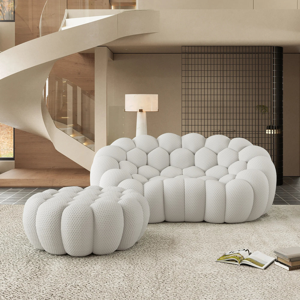 Sofás Essential Arc Boneless | Chaise longue seccional de dos piezas en tejido de punto 3D gris claro, con 1 otomana