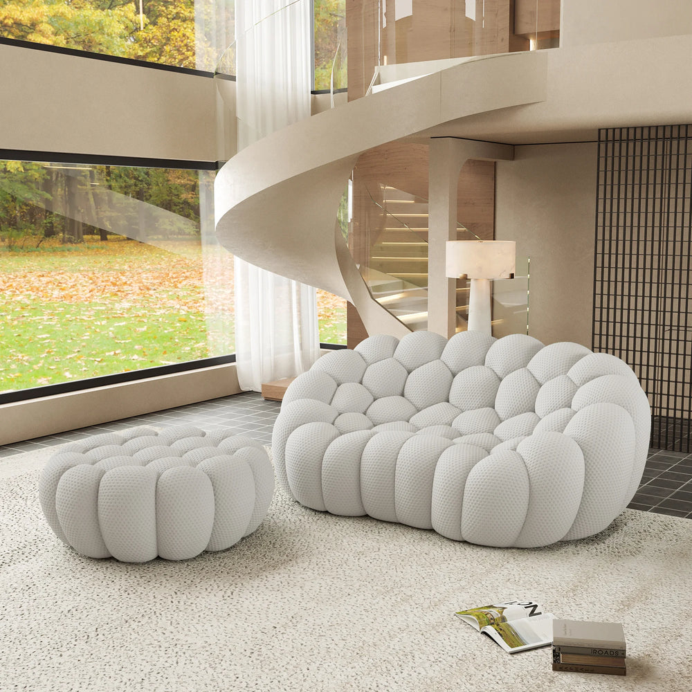 Sofás Essential Arc Boneless | Chaise longue seccional de dos piezas en tejido de punto 3D gris claro, con 1 otomana