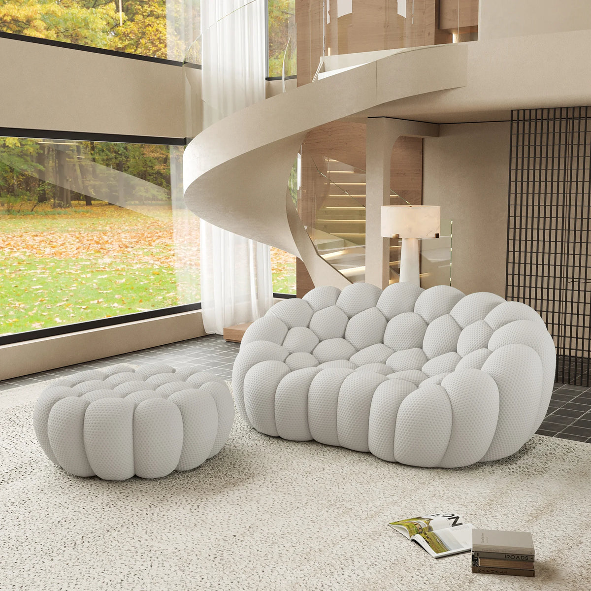 Essential 2-Seater light-grey 3D-Knitted Fabric Chaise Sectionals | 2-Piece (includes 1 Ottoman), 3D-Knitted Fabric, Apartment Friendly