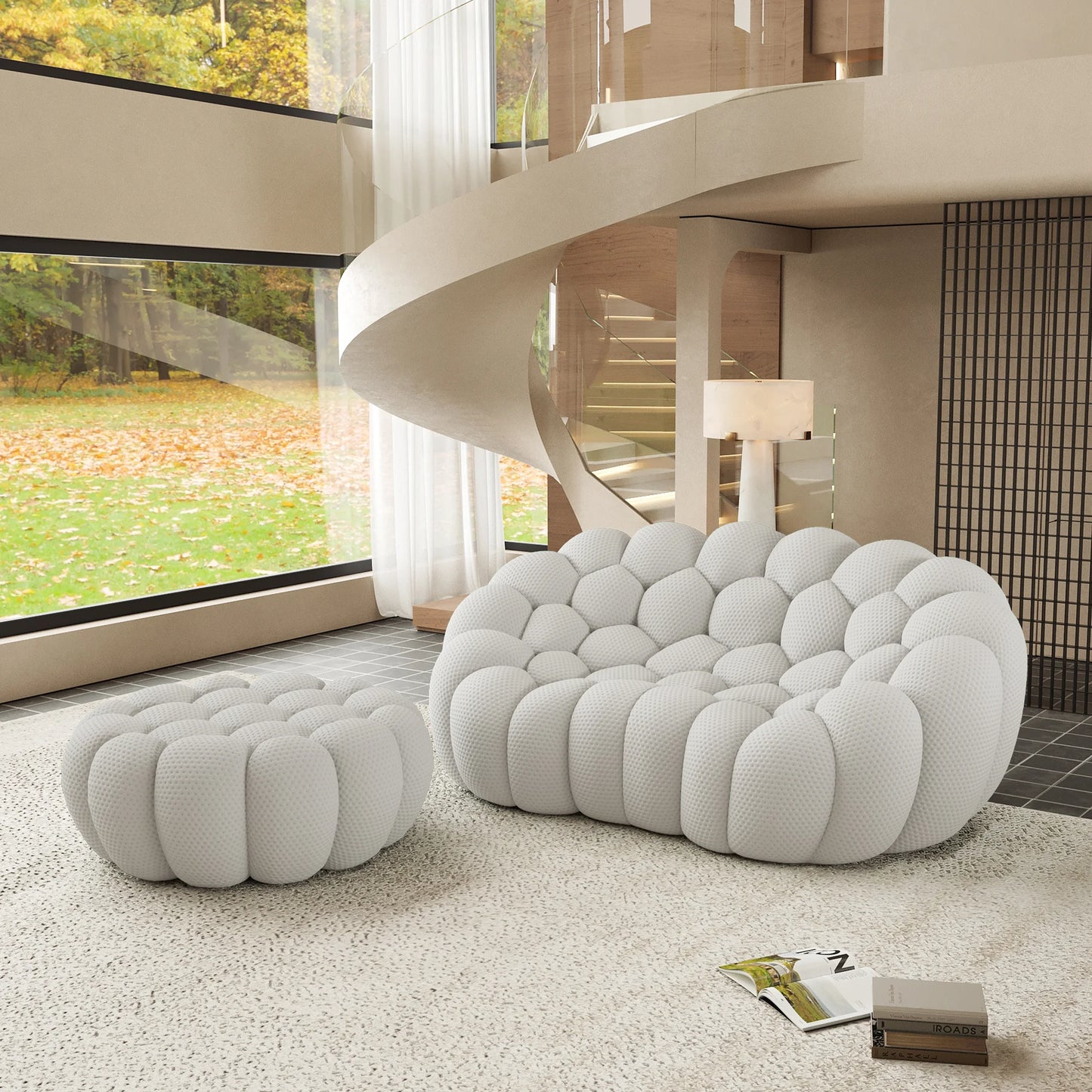 Sofás Essential Arc Boneless | Chaise longue seccional de dos piezas en tejido de punto 3D gris claro, con 1 otomana