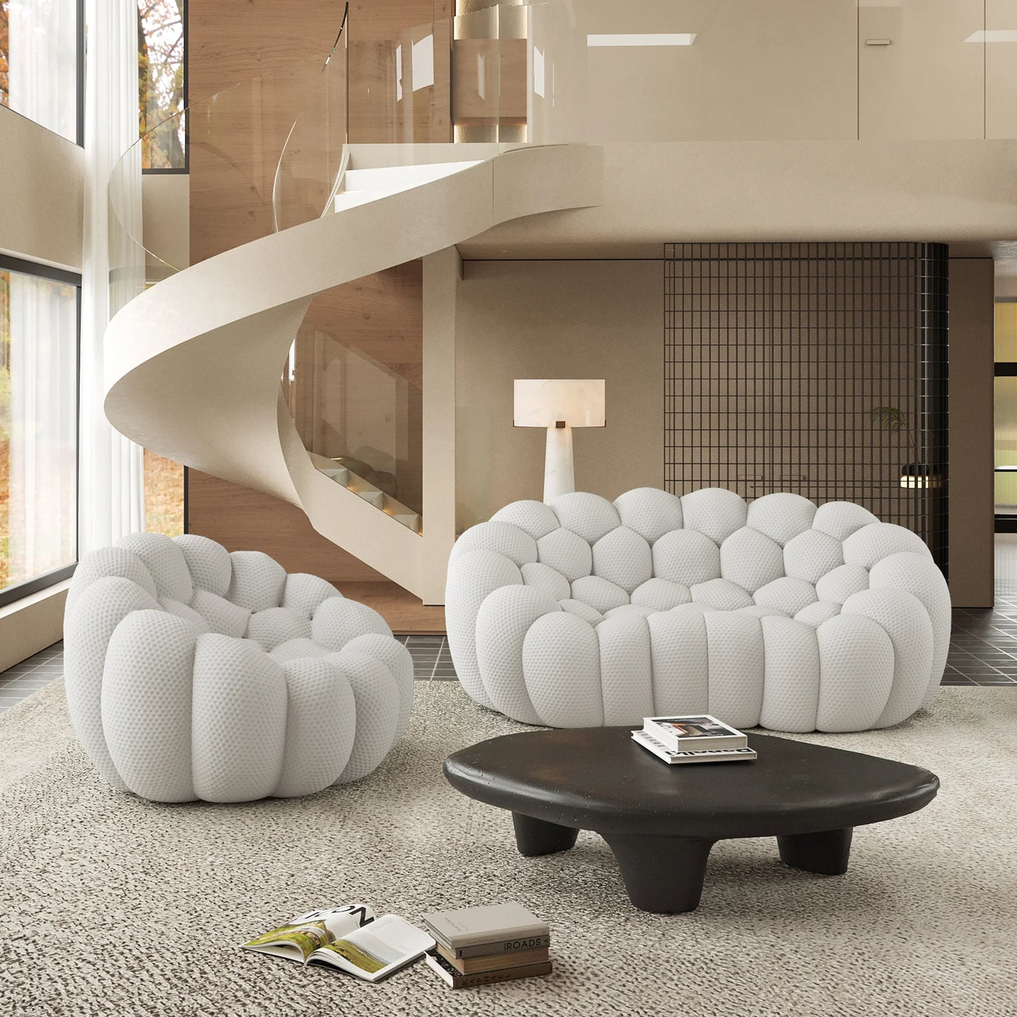 Sofás Essential Arc Boneless | Seccionales de 2 piezas en forma de L, 3 plazas, de tejido de punto 3D, color gris claro