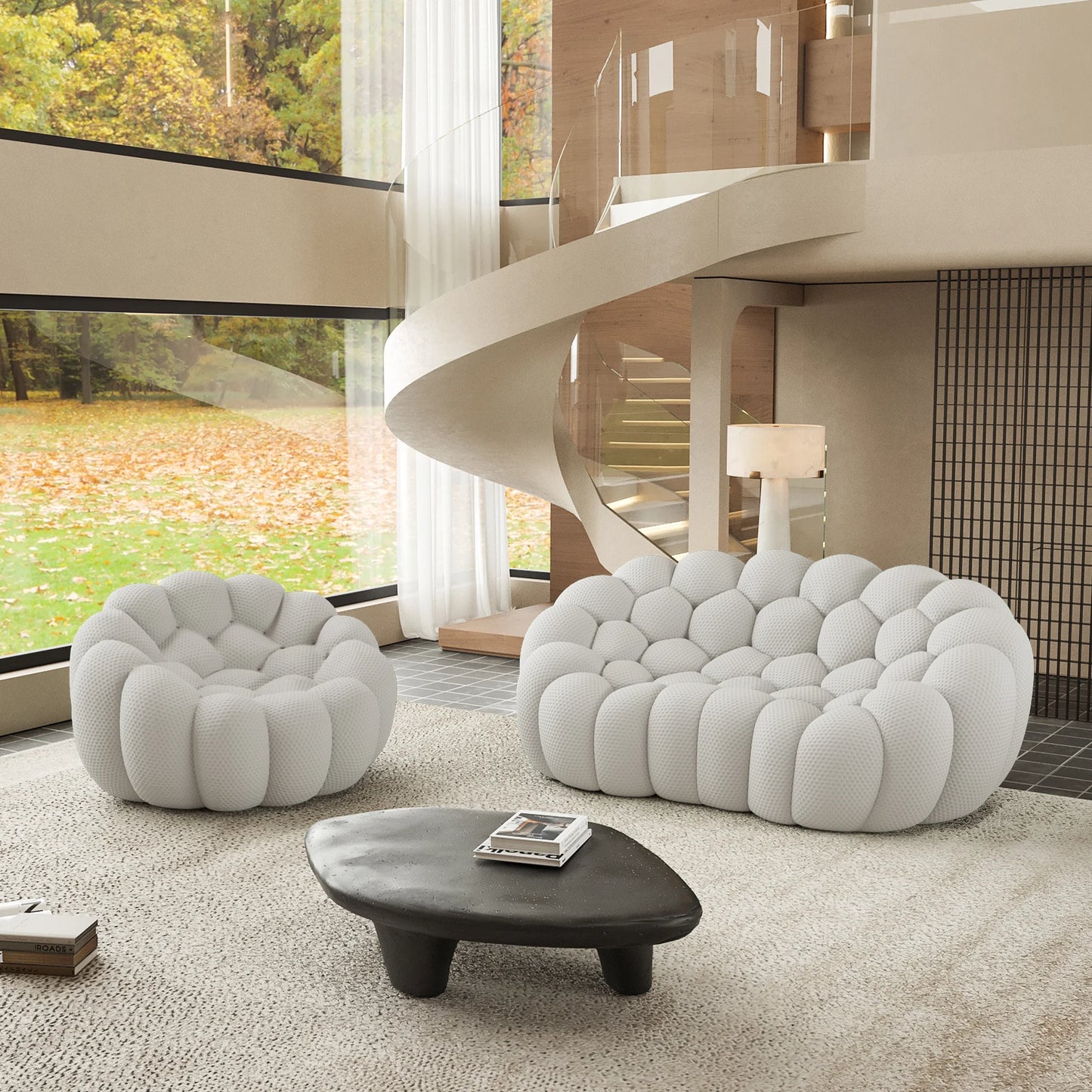 Sofás Essential Arc Boneless | Seccionales de 2 piezas en forma de L, 3 plazas, de tejido de punto 3D, color gris claro