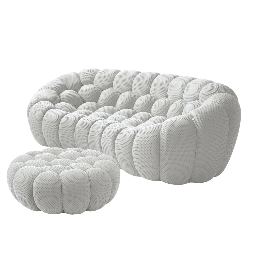 Sofás Essential Arc Boneless | Seccionales de 2 piezas en forma de L, de tejido de punto 3D, gris claro, con 1 otomana