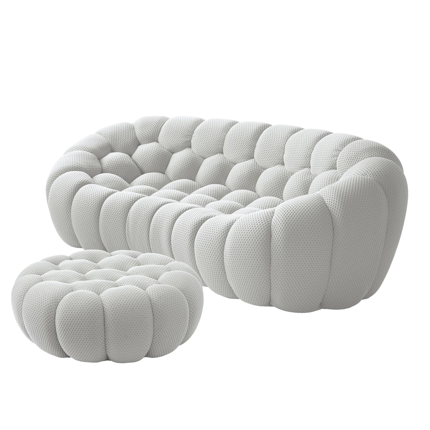 Sofás Essential Arc Boneless | Seccionales de 2 piezas en forma de L, de tejido de punto 3D, gris claro, con 1 otomana