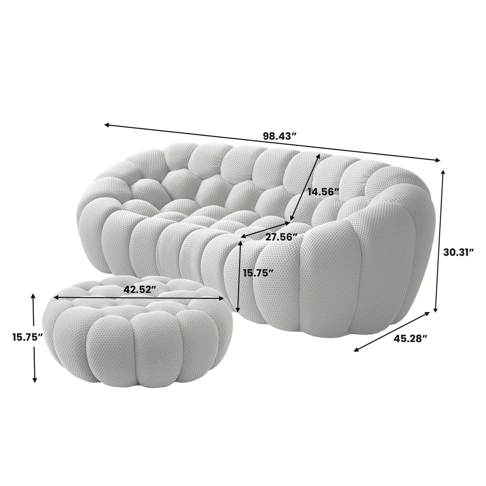 Sofás Essential Arc Boneless | Seccionales de 2 piezas en forma de L, de tejido de punto 3D, gris claro, con 1 otomana