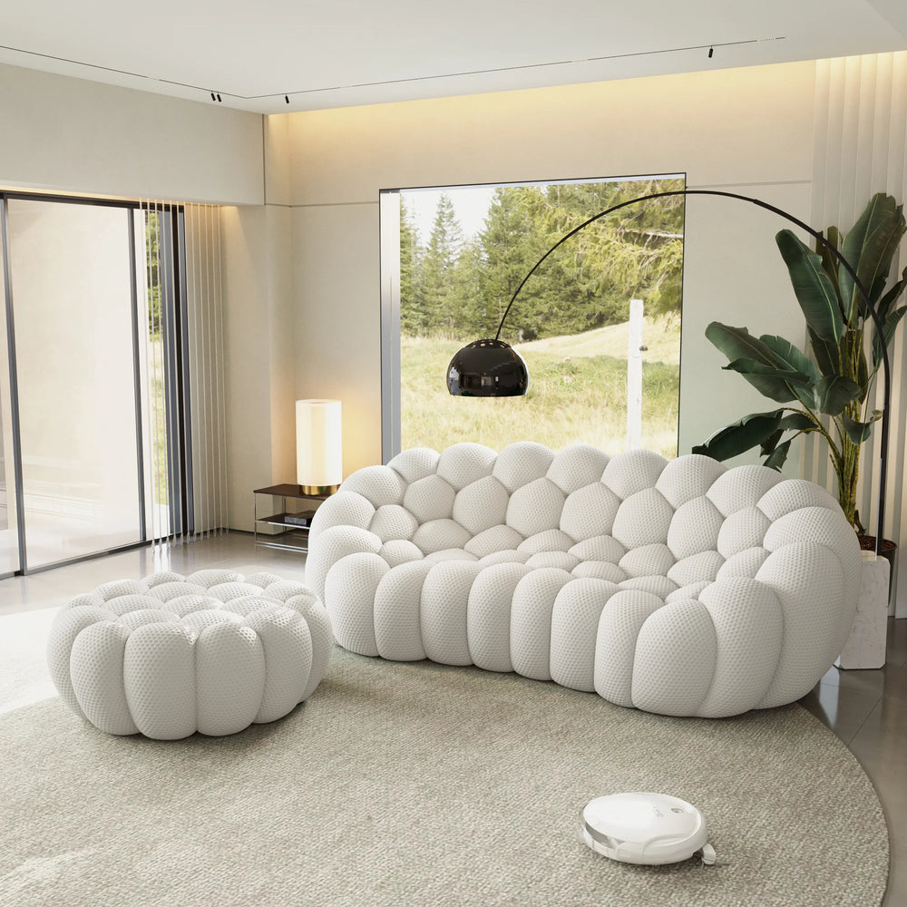 Sofás Essential Arc Boneless | Seccionales de 2 piezas en forma de L, de tejido de punto 3D, gris claro, con 1 otomana