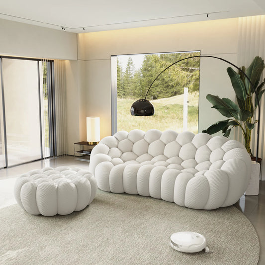 Sofás Essential Arc Boneless | Seccionales de 2 piezas en forma de L, de tejido de punto 3D, gris claro, con 1 otomana