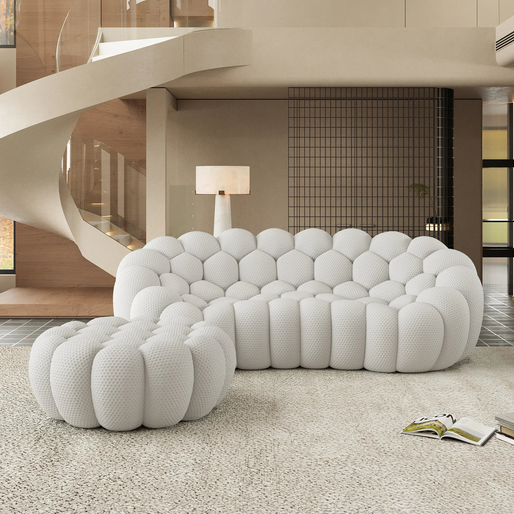 Sofás Essential Arc Boneless | Seccionales de 2 piezas en forma de L, de tejido de punto 3D, gris claro, con 1 otomana