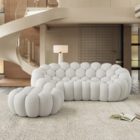 Sofás Essential Arc Boneless | Seccionales de 2 piezas en forma de L, de tejido de punto 3D, gris claro, con 1 otomana