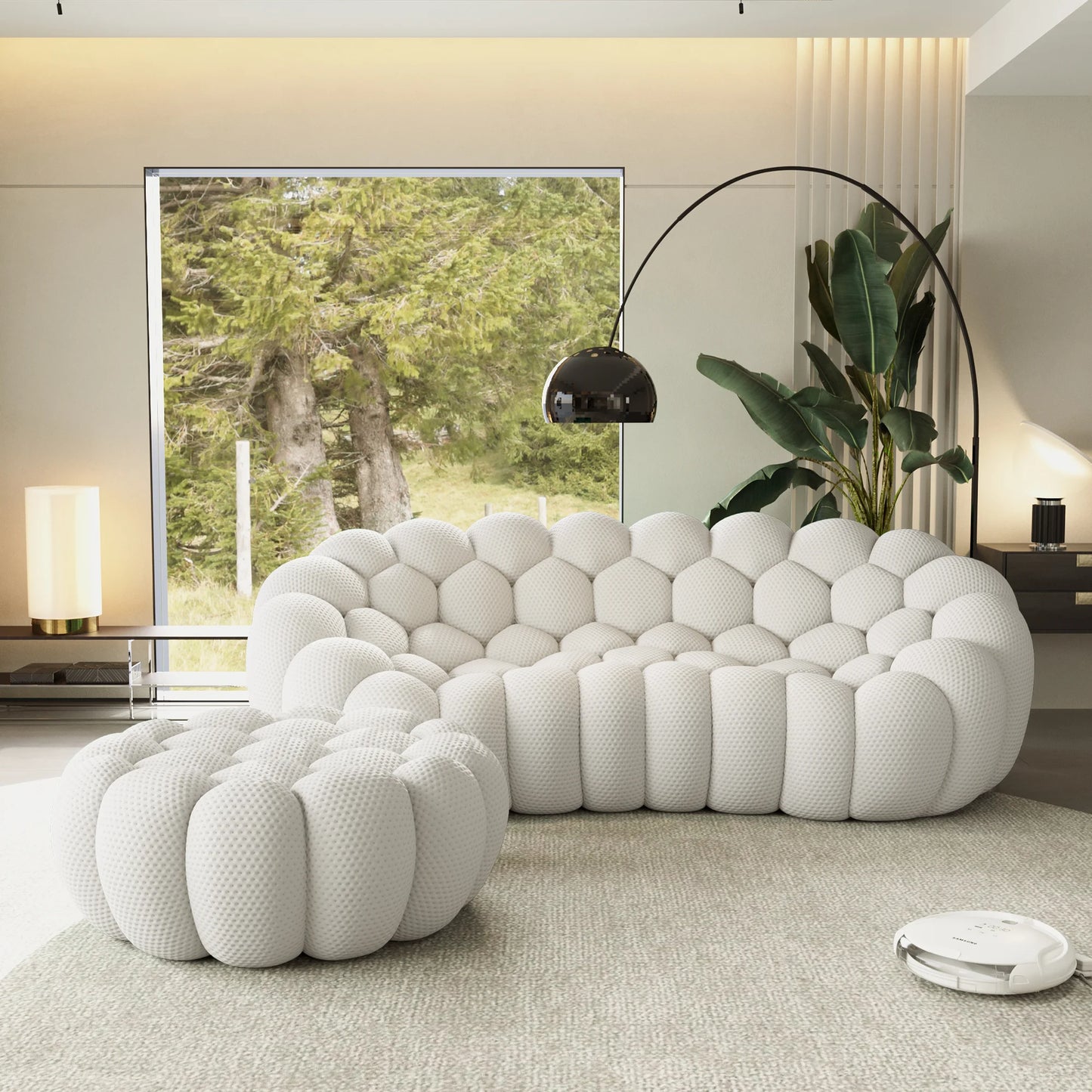 Sofás Essential Arc Boneless | Seccionales de 2 piezas en forma de L, de tejido de punto 3D, gris claro, con 1 otomana