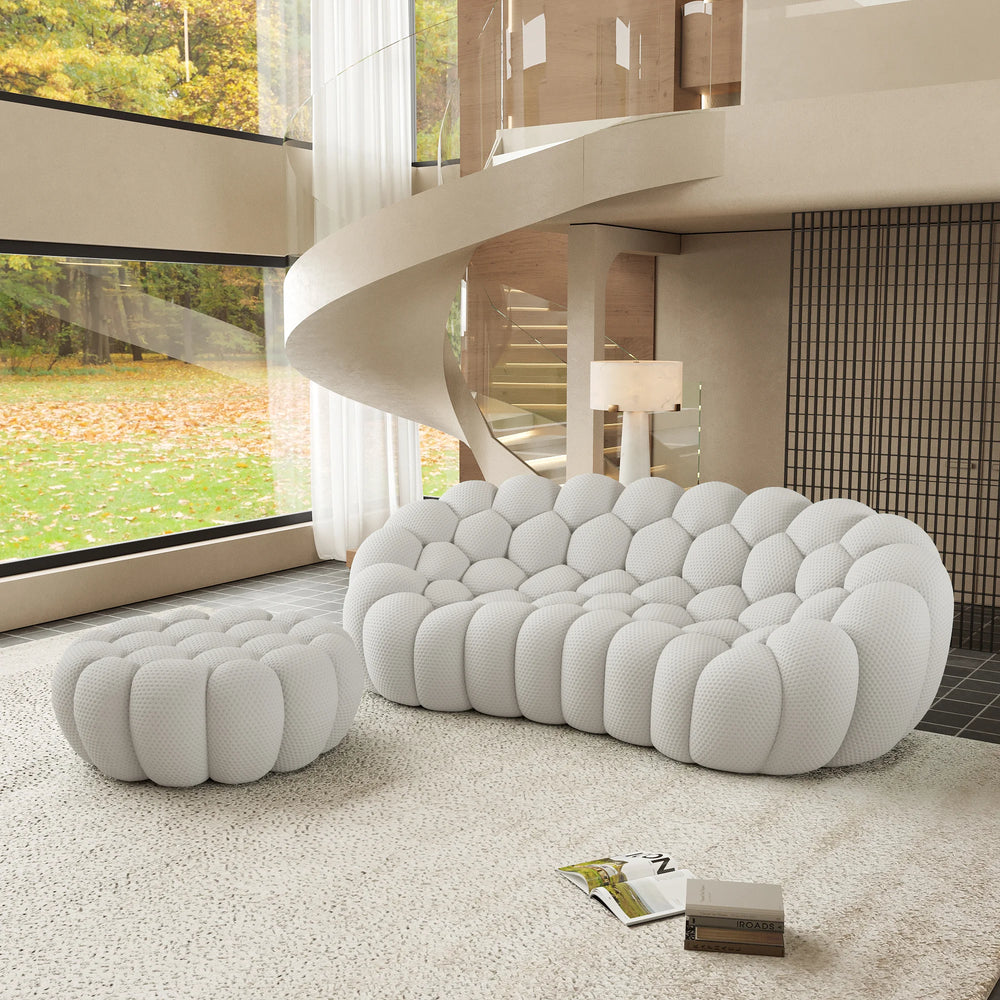 Sofás Essential Arc Boneless | Seccionales de 2 piezas en forma de L, de tejido de punto 3D, gris claro, con 1 otomana