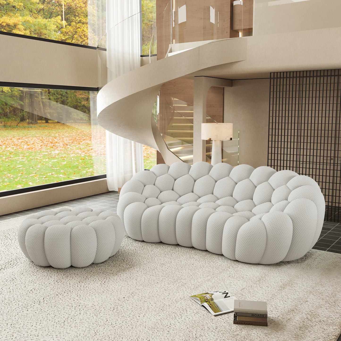 Sofás Essential Arc Boneless | Seccionales de 2 piezas en forma de L, de tejido de punto 3D, gris claro, con 1 otomana