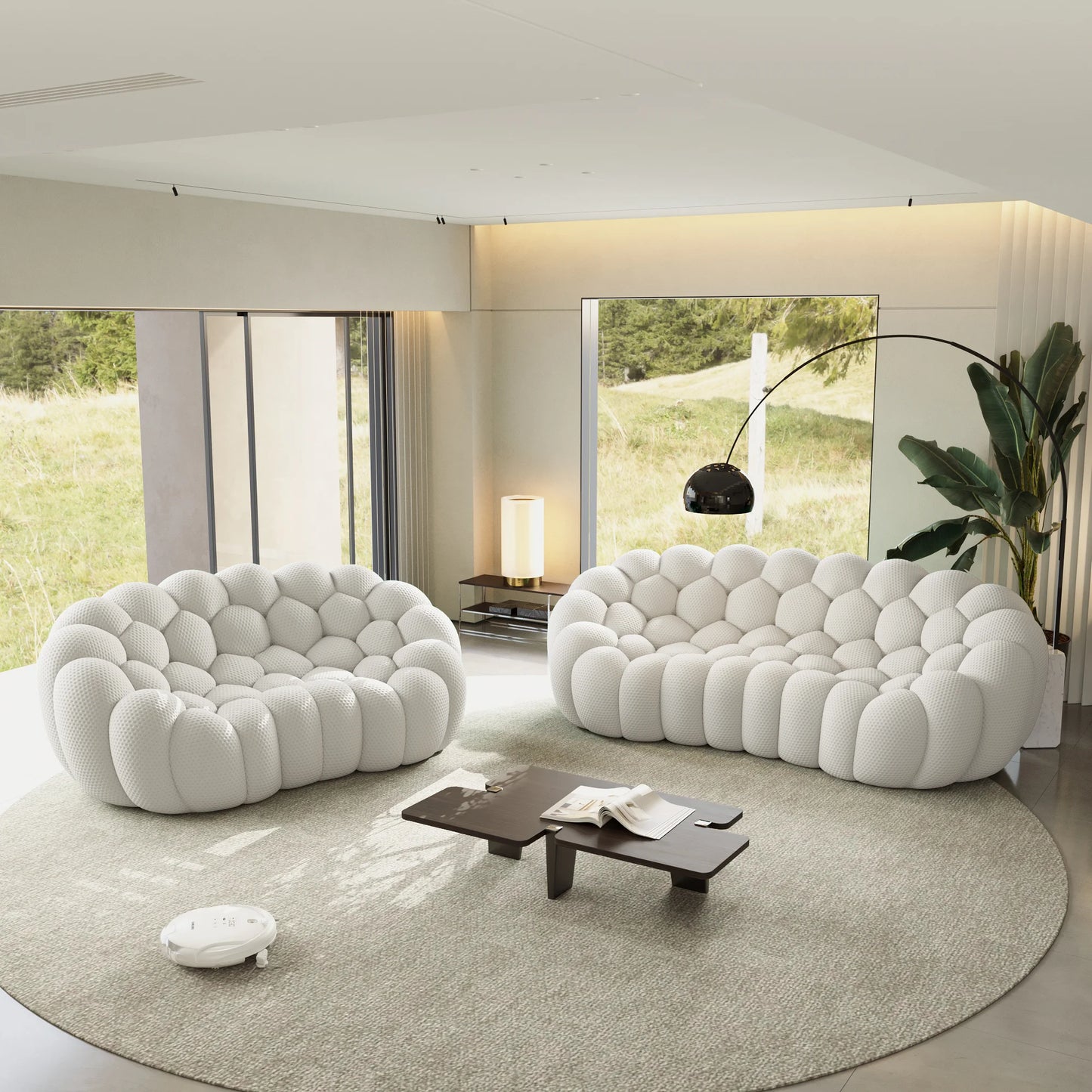 Sofás Essential Arc Boneless | Seccionales de 2 piezas en forma de L de 5 plazas en tejido de punto 3D en gris claro